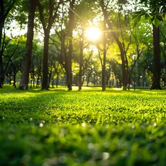The lovely green trees dazzle with beauty، Serene Morning Light in Lush Green Garden - Fresh Nature Concept Backgrounds، Trees and grass in the city park on a sunny spring morning in Dallas۔
