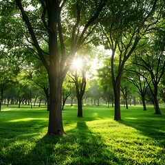 The lovely green trees dazzle with beauty، Serene Morning Light in Lush Green Garden - Fresh Nature Concept Backgrounds، Trees and grass in the city park on a sunny spring morning in Dallas۔

