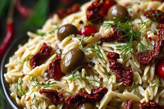 A Mediterranean orzo salad with sun-dried tomatoes, kalamata olives, and a sprinkle of dill.