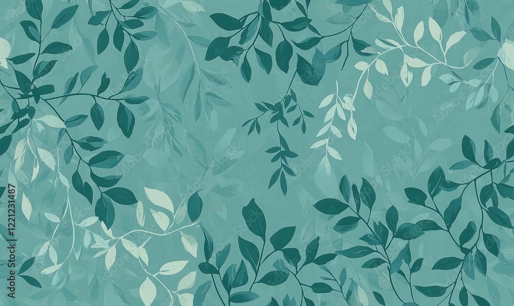 Poster a serene pattern of green and teal leaves against a soft background, creating a fresh and calming ae