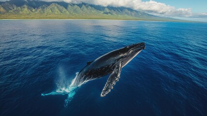 Fototapeta premium World whale day with marine and habitat idea. Humpback whale breaching in clear blue ocean waters.