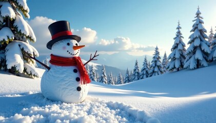 Obraz premium snowman surrounded by snow-covered trees and hills, snowman, frosty landscape