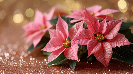 Beautiful pink poinsettia flowers arranged elegantly on sparkling background, creating festive and cheerful atmosphere. Perfect for holiday decorations