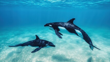 Obraz premium World whale day with marine and habitat idea. Two whales swimming underwater in a clear blue sea.