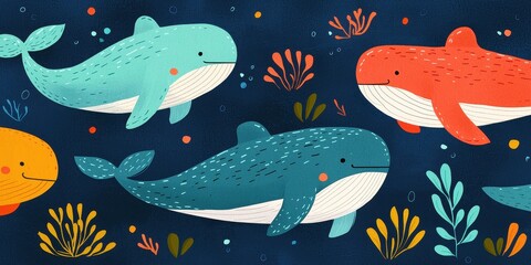 World whale day with marine and habitat idea. Colorful whales swimming in a whimsical underwater scene.