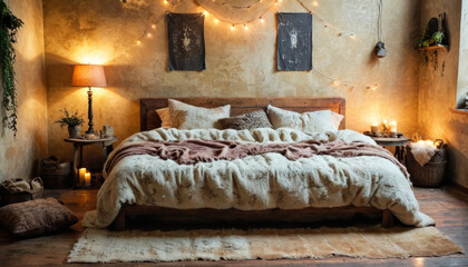 Cozy homely bedroom with soft blankets and warm lighting