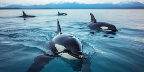 Fototapeta premium World whale day with marine and habitat idea. Whales swimming in calm waters with mountains in the background.