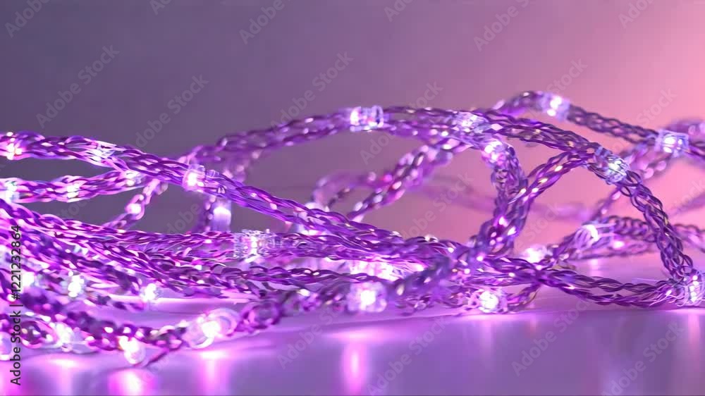 Poster purple string of lights is lit up. the lights are on a table . business abstraction