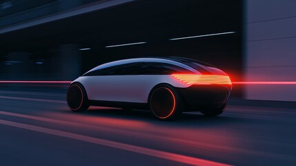 Fototapeta premium Autonomous electric vehicle with glowing wheels driving through an AI-powered futuristic city 7