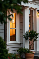 Charming Home Exterior: Evening Light on Classic Design.  A picture of a lovely house with a well-maintained garden, showcasing beautiful architectural details and inviting ambiance.