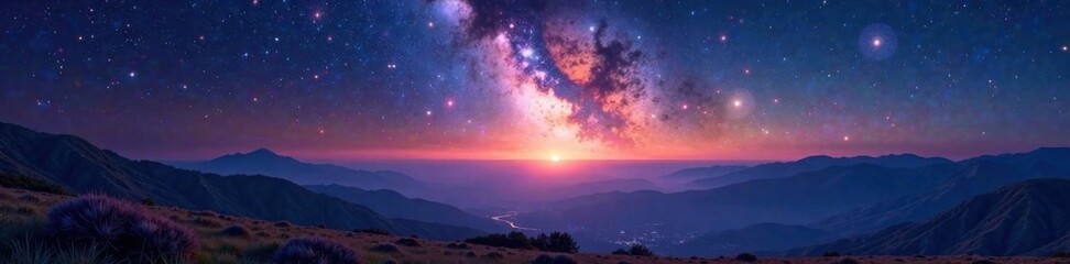 Sparkling starry expanse above vast landscape, stars, mountains