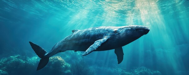 Naklejka premium World whale day with marine and habitat idea. Majestic whale swimming in serene blue waters.