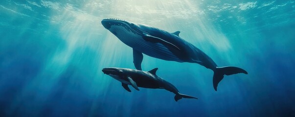 World whale day with marine and habitat idea. Two whales swimming gracefully in clear blue ocean waters.