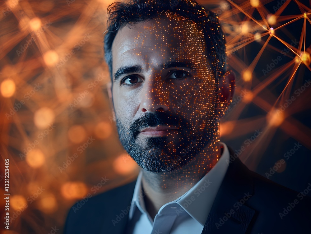 Leinwandbilder portrait of a thoughtful businessman surrounded by digital connections and data visualization repres