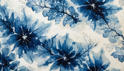 Abstract ink wash of blue flowers and delicate patterns