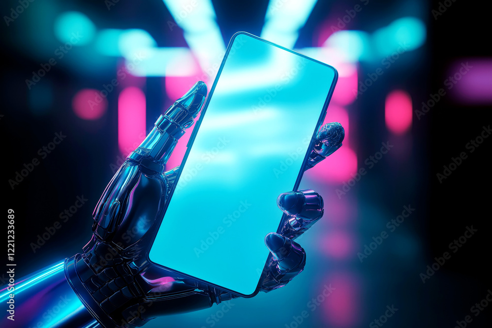 Poster a bionic hand holding a futuristic smartphone displaying glowing holographic data, set in a sleek hi