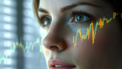Close-up of a young woman's face showing intense focus on financial market data with stock chart overlay, symbolizing investment, trading, and analytics in today’s economy.