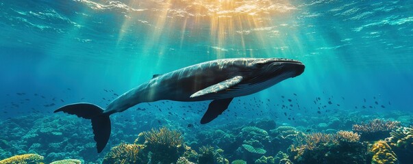 Obraz premium World whale day with marine and habitat idea. A whale swimming gracefully in a vibrant coral reef.