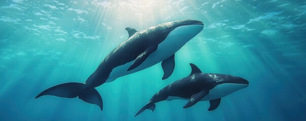 Fototapeta premium World whale day with marine and habitat idea. Two whales swimming gracefully in clear blue water.