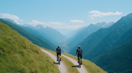 Obraz premium Two cyclists enjoy a scenic ride through a picturesque valley, surrounded by majestic mountains and lush greenery under a bright blue sky. A perfect adventure in nature.