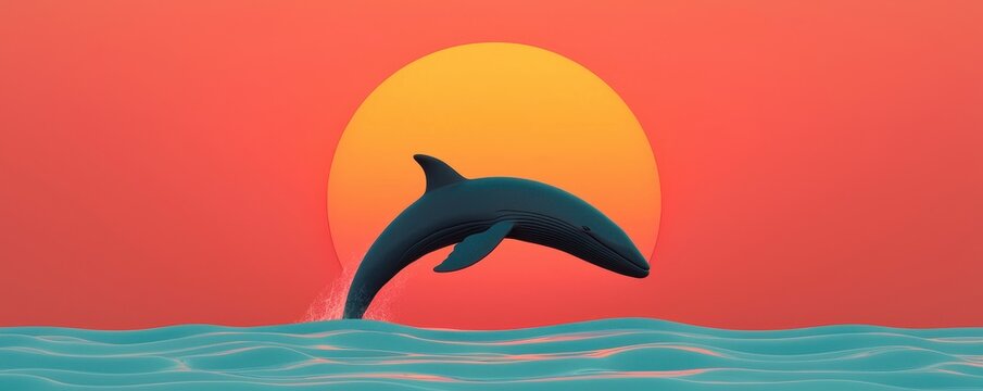 World whale day with marine and habitat idea. Whale leaping against a colorful sunset backdrop. - Powered by Adobe