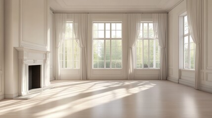 A light and airy empty room featuring a fireplace, panoramic window, and a column, offering a spacious and elegant setting ideal for customization and design.