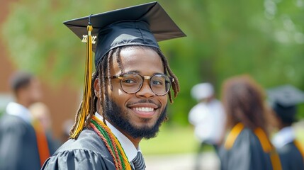 Celebrating graduation joyful african american man in cap outdoors