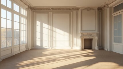 A light and airy empty room featuring a fireplace, panoramic window, and a column, offering a spacious and elegant setting ideal for customization and design.