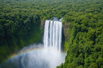 Fototapeta premium Waterfalls of nature: Wildlife and natural wonders . Majestic waterfall surrounded by lush green forest and a rainbow arc.