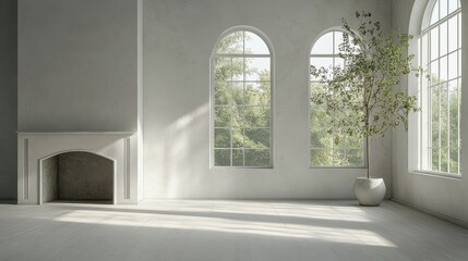 A light and airy empty room featuring a fireplace, panoramic window, and a column, offering a spacious and elegant setting ideal for customization and design.