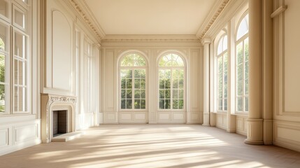 A light and airy empty room featuring a fireplace, panoramic window, and a column, offering a spacious and elegant setting ideal for customization and design.