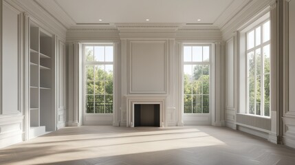 A light and airy empty room featuring a fireplace, panoramic window, and a column, offering a spacious and elegant setting ideal for customization and design.