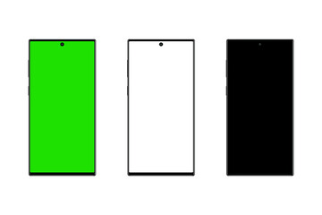 Smartphone with green screen and white screen and black screen isolated on white background with clipping path. Blank mobile screen for presentation template. Mobile phones used in advertising design