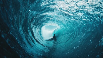 World whale day with marine and habitat idea. Surfer inside a mesmerizing ocean wave tunnel with whale fin.