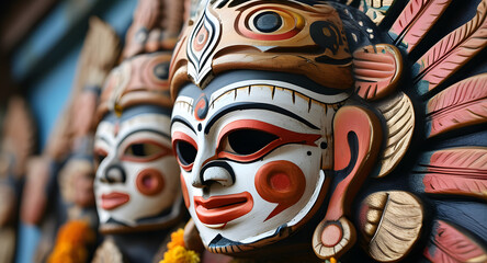 Traditional ethnic Hindu face mask. A background composition of totem masks.