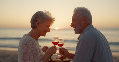 An adult married couple is having dinner by the sea at sunset. Romantic atmosphere and nostalgia. Family love and happiness to be together.