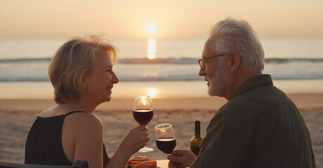 An adult married couple is having dinner by the sea at sunset. Romantic atmosphere and nostalgia. Family love and happiness to be together.