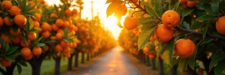 Golden hour light on blooming orange trees Valencia's citrus paradise , golden hour, pretty, photography