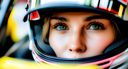 Portrait of a female Formula 1 racer. Close-up of a helmeted face, determined expression, gaze, Professional motorsport, racing scene.