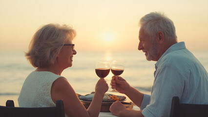 An adult married couple is having dinner by the sea at sunset. Romantic atmosphere and nostalgia. Family love and happiness to be together.