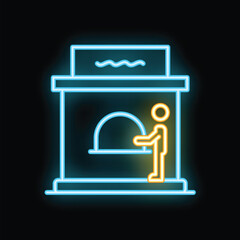 Neon icon of a businessman putting money in an atm for financial transactions