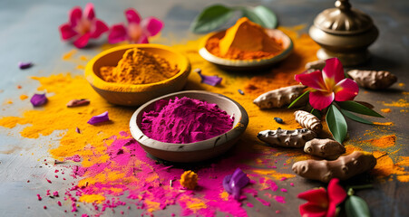 Multicolored Holi powder in clay cups. Festive decoration of the Indian Holi festival.	