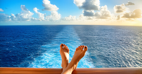 Women's legs on the deck of a cruise ship on a sunny summer day overlooking the sea. The concept of maritime tourism and travel.