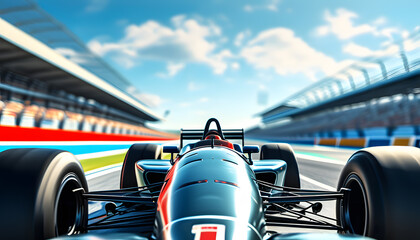 A Formula 1 sports car on the race track. Close-up of a car at speed.