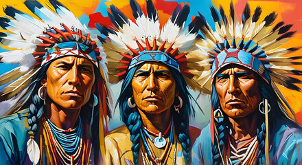 Native American Indians in the Wild West. Abstract painting depicting three men from the tribe.