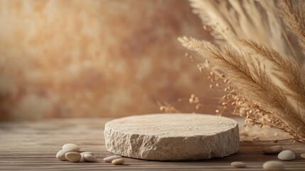 Elegant display of natural textures with stone, pebbles, and dried grass on wooden surface