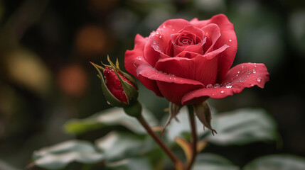 A single dewdrop resting on the petal of a red rose, with a blurred natural background.