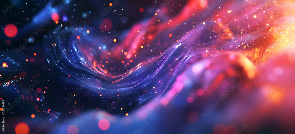 Poster abstract background with glowing lights and bokeh elements in the shape of a spiral galaxy, creating