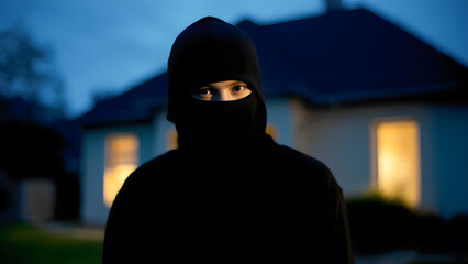 A man is a thief, a robber in a black mask against the background of residential buildings. A robbery, a raid committed by criminal means.