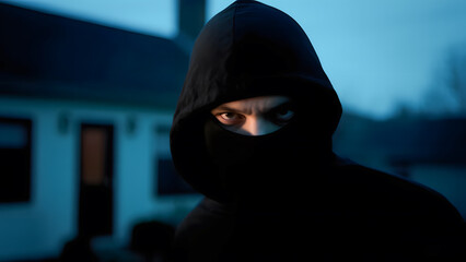 A man is a thief, a robber in a black mask against the background of residential buildings. A robbery, a raid committed by criminal means.